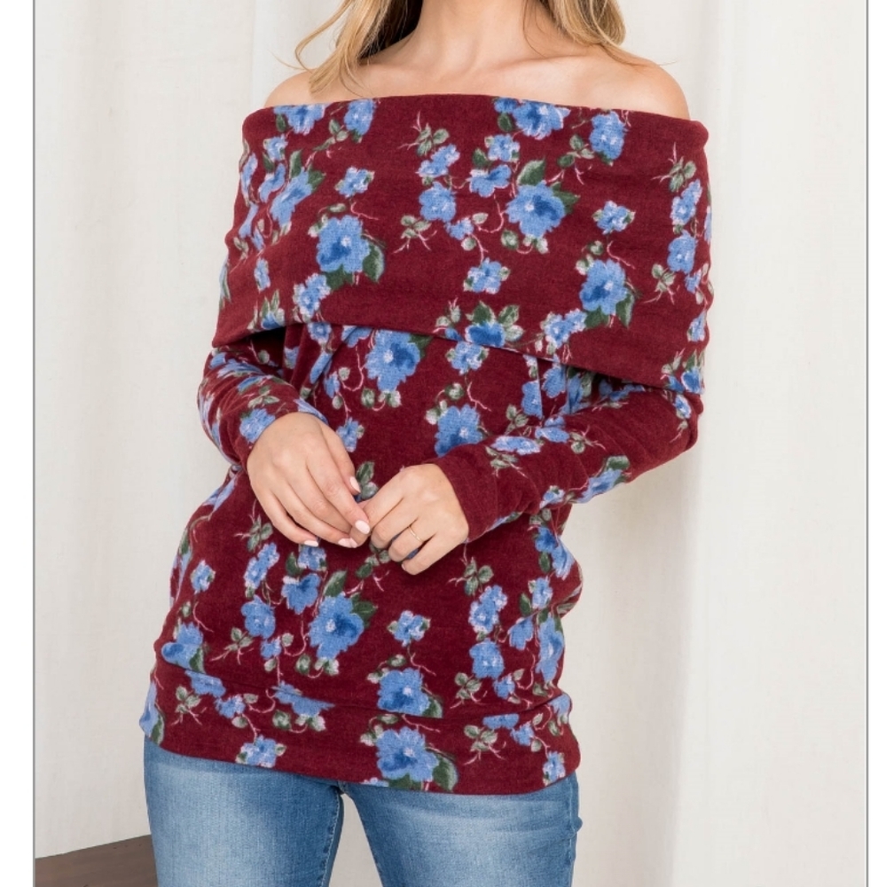 Wine Floral Off-shoulder Tunic Top